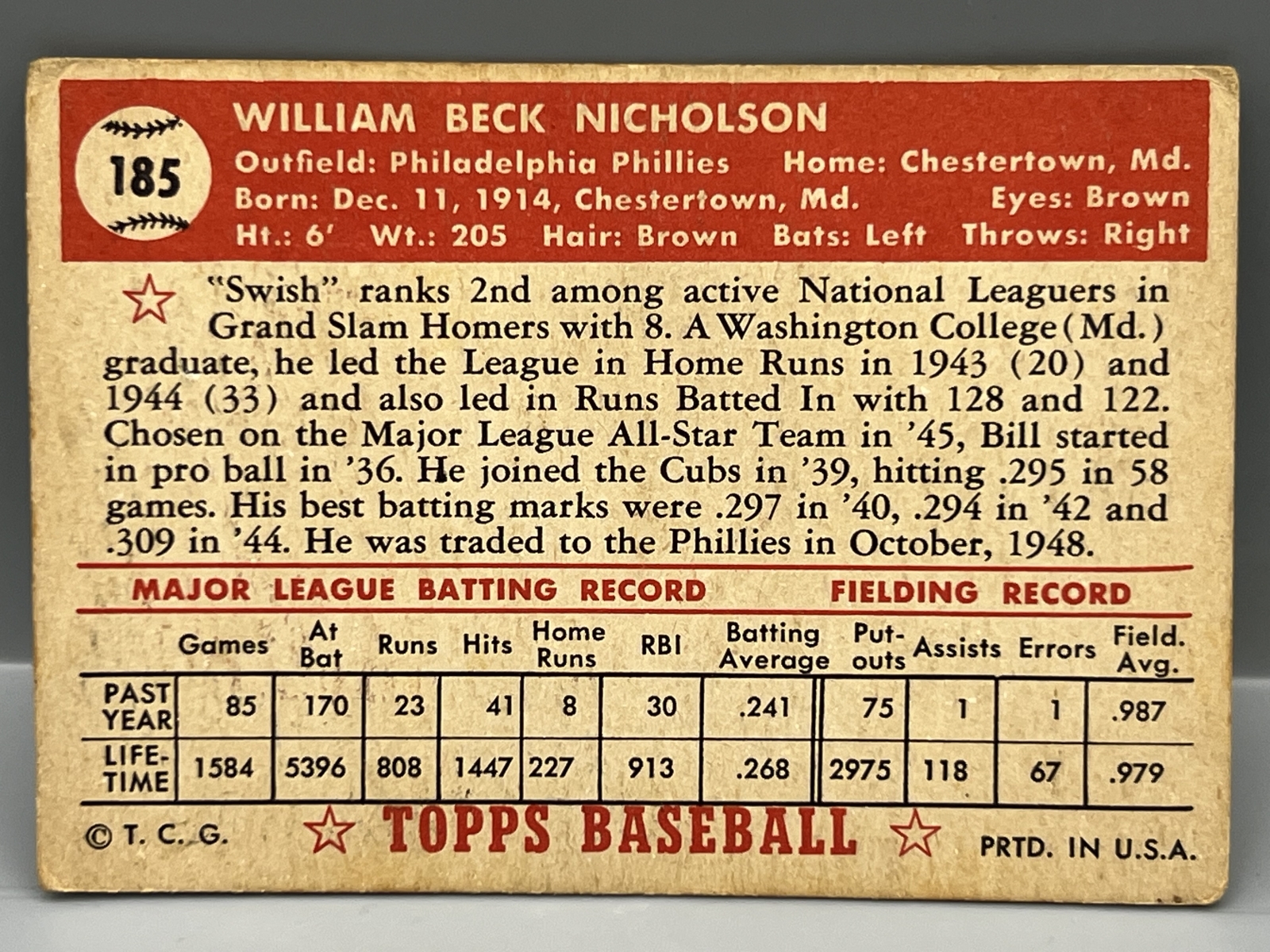 1952 Topps Bill Nicholson #185
