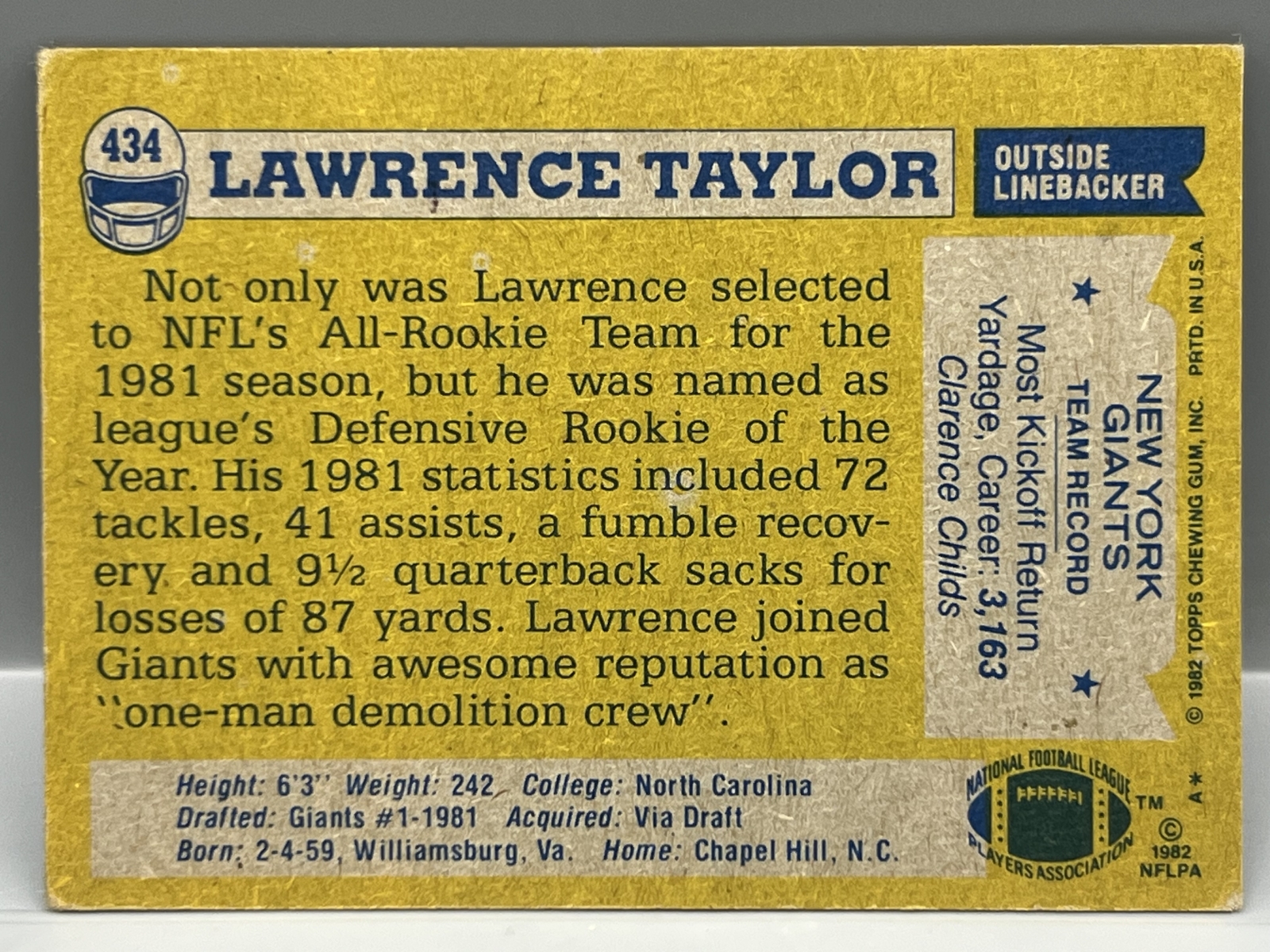 1982 Topps Lawrence Taylor RC #434