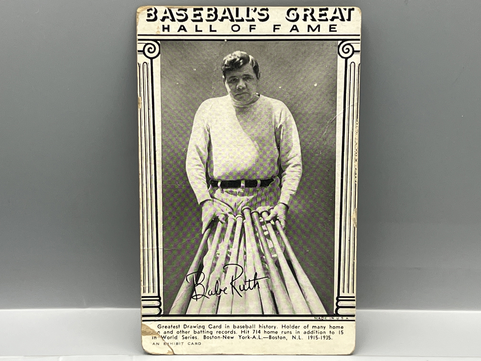 Lot 75a - 1948 Baseball's Greats Hall of Fame Exhibits Babe Ruth - 10 Bats  Pose Version - Tough card | Richard Edwards Auctioneering, image size:1600x1200