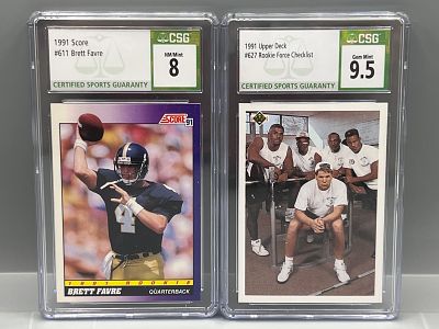 1991 Score Brett Favre RC #611 CSG NM-MT 8 & 1991 Upper Deck Rookie Force Checklist Brett Favre 
