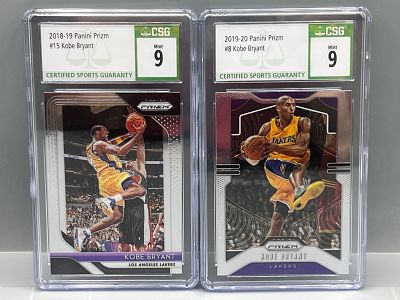 2018-19 Panini Prizm Kobe Bryant #15 CSG Mint 9 & 2019-20 Panini Prizm Kobe Bryant #8 CSG Mint 9
