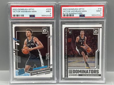 2023 Panini Donruss Optic Victor Wembanyama #225 PSA Mint 9 & Elite Dominators RC #18 PSA Mint 9