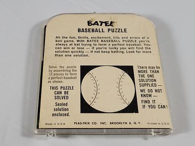 Rare Vintage Batee Baseball Puzzle. 1950's Made By Plas-Trix Co In The USA