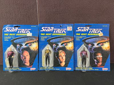 1988 Galoob Star Trek TNG Lof of 3 Action Figures - Sealed on Card - Picard, Tasha Yar, La Forge