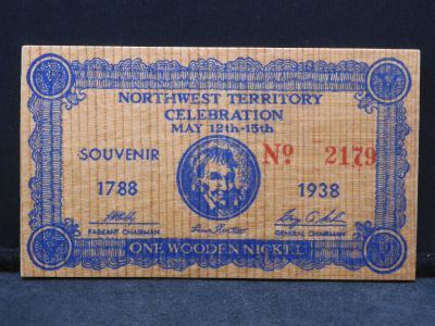 Blue 1938 Northwest Territory Celebration Wooden Nickel. Issued by the Mad River-Miami Valley 