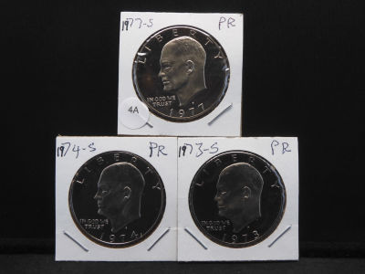 (3) Proof Eisenhower Dollars: 1973-S, 1974-S, and 1977-S.