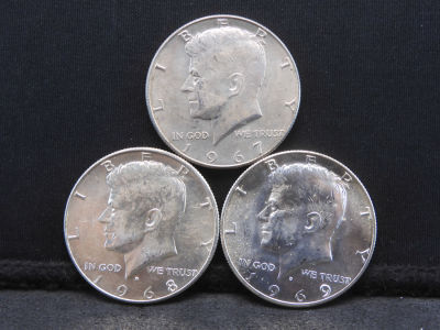 1967, 1968-D, 1969-D UNC. 40% Kennedy Half Dollars