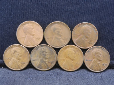 1923-S, 1924-S, 1925-S, 1926-S, 1927-S, 1928-S, 1929-S Lincoln Head Wheat Cents. 7 Coins.