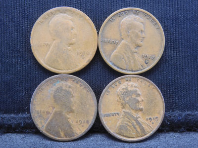 1916-D, 1917-D, 1918-D, 1919-D Lincoln Head Wheat Cents. 4 Coins.