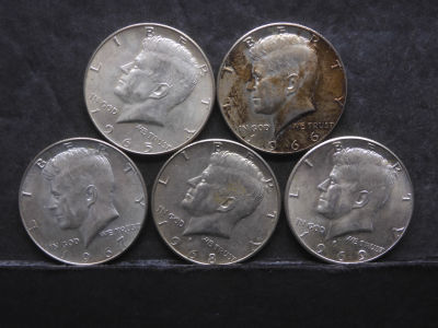 1965,1966,1967,1968-D,1969-D Kennedy Half Dollars