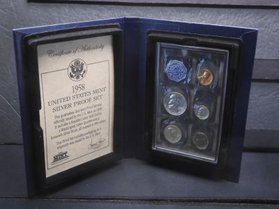 1958 Proof Set in First Commemorative Holder - includes Three 90% Silver coins