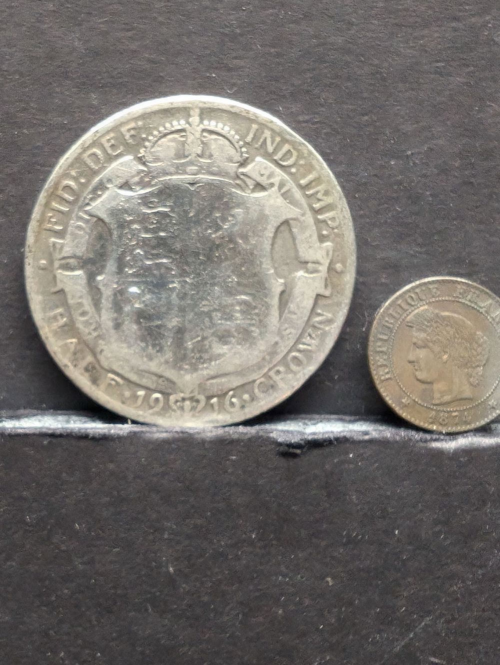 1874-A France 1 Centime Coin & 1916 United Kingdom 1/2 Crown Silver Coin. 1874-A France 1 