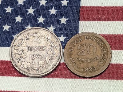 1925 Portugal 20 Centavos & 1909 Belgium 2 Silver Francs. 1925 Portugal 20 Centavos & 1909