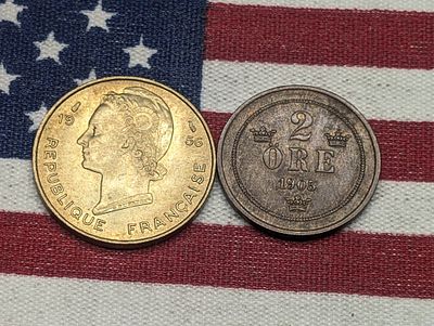 1905 Sweden 2 Ore & 1956 French West Africa 10 Francs. 1905 Sweden 2 Ore & 1956 French West