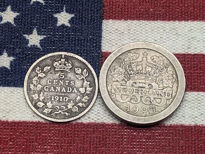 1910 Canada 5 Cents, 92.5% Silver & 1908 Netherlands 5 Cents. 1910 Canada 5 Cents, 92.5% Silver