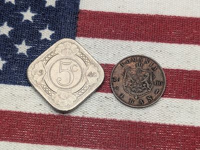 1900-B Romania 1 Ban & 1948 Curacao 5 Cents. 1900-B Romania 1 Ban & 1948 Curacao 5