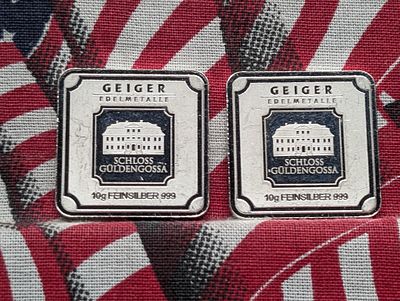10 Grams Each .999 FINE SILVER Schloss Guldengossa Designed Art Bars (2 PCS - 20 Grams Total). 10 