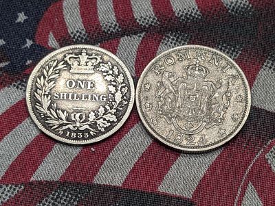 1924 Romania 2 Lei & 1835 United Kingdom 1 Silver Shilling (2 PCS). 1924 Romania 2 Lei &amp; 