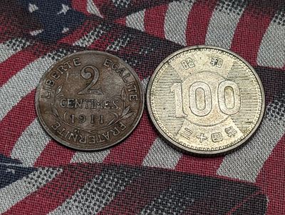 1960 Japan 100 Silver Yen & 1911 France 2 Centimes (2 PCS). 1960 Japan 100 Silver Yen &amp; 1911 