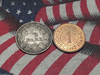 1905-A Imperial Germany 1/2 Silver Mark & 1948 Seychelles 1 Cent (2 PCS). 1905-A Imperial 