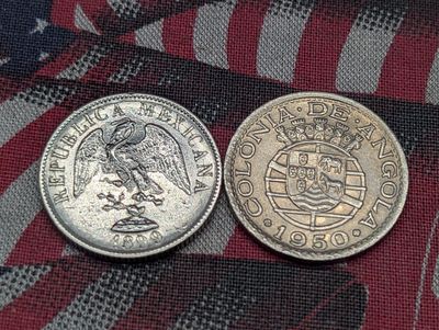 1899 Mexico 20 Silver Centavos - AU+ & 1950 Angola 50 Centavos - MS63 (2 PCS). 1899 Mexico 20 
