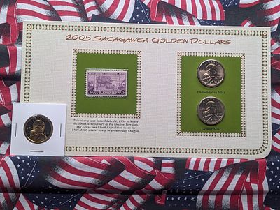 2005-S Proof & 2005 P & D Uncirculated Sacagawea Dollars with Stamp. 2005-S Proof &amp; 2005 P 
