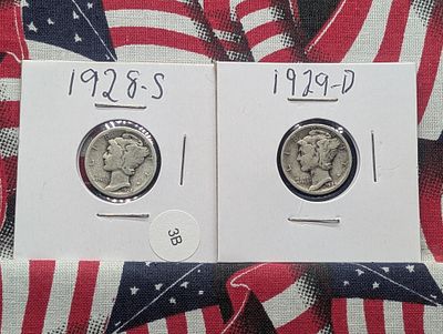 1928-D & 1929-D 90% Silver Mercury Dimes (one flip labeled incorrectly). 1928-D &amp; 1929-D 90% 