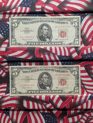 Lot of Two 1963 Series $5.00 RED SEAL Banknotes - VF/XF Condition IMPORTANT NOTICE REGARDING 