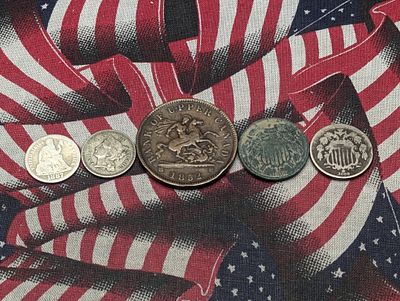 Five Coins - (1) 1852 Canada Bank token, One Penny, (4) U.S. Coins 1868 Three Cent Nickel, 1887 