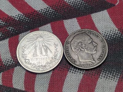 1911 Mexico 10 Silver Centavos & 1894 Denmark 25 Silver Ore (2 PCS). 1911 Mexico 10 Silver 