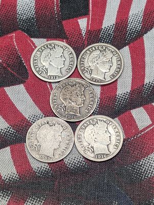 Lot of 5 Various Dated Barber Silver Dimes, 1899, 1912, 1914, (2) 1916 Condition IMPORTANT 