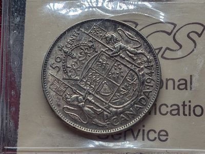 1944 Canada 50 Cents w/ Near 4 & Rotated Die -50% Silver, VF w/ COA. 1944 Canada 50 Cents w/ 