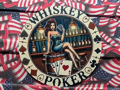Whisky & Poker, Metal Sign, 7.75x7.75 Inches-Dinner Plate Size, Perfect For Man Cave, Garage 