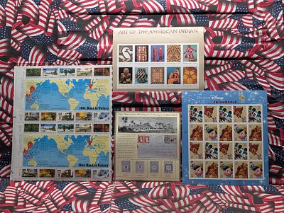 Folder w/Four Assorted Full Sheets US Postal Stamps All MOGNH Condition PLEASE NOTE Some coins 