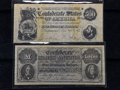 A Pair of Confederate States of America $500 and $1000 Treasury Note 