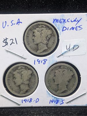1918 P,D,S Silver Mercury Dimes Condition PLEASE NOTE Some coins may have a grade on the 