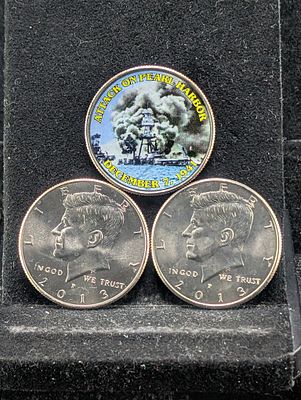 Three Colorized Kennedy Half Dollars- Pearl Harbor & (2) 2013-P Apollo Space. Three Colorized 