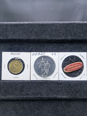 US Trio of Erotic and Novelty Tokens and Plaque, Brass and White Metal Condition PLEASE NOTE 