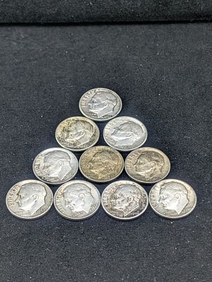 US (10) 1946-1963 Roosevelt Dimes, All 90% Silver, KM-195 Condition PLEASE NOTE Some coins may 