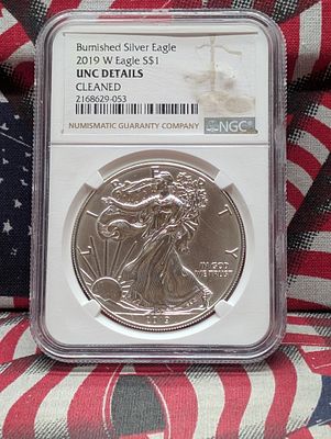 2019-W Burnished American Silver Eagle - NGC UNC DETAILS (Cleaned) - One Troy Ounce .999 Fine Silver