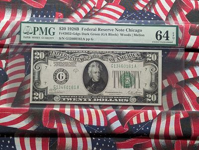 1928 B Series $20.00 Federal Reserve Note Chicago - PMG Cert. CHOICE UNC 64 EPQ Dark 