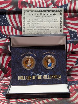 First & Last Dollars of the Millennium - 1999 Susan B. Anthony & 2000-P Sacagawea in Display w/ COA