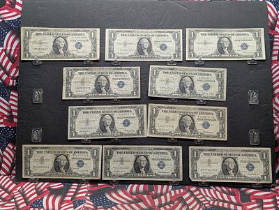 (1) 1935-D, (5) 1935-E, (3) 1957, & (1) 1957-A Series $1.00 Silver Certificates. (1) 1935-D, (5) 