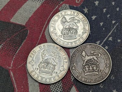 (3) Great Britain Silver Six Pence Coins 1911, 1912, 1919, - 92.5% - 28.276g Each. (3) Great 