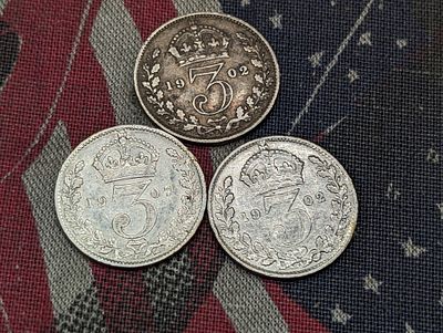 (3) Great Britain Three Pence Coins (2) 1902, (1) 1907 Condition PLEASE NOTE Some coins may 