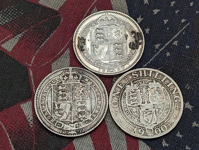 (3) Great Britain One Shilling Silver Coins 1887, 1890, & 1900. (3) Great Britain One Shilling 