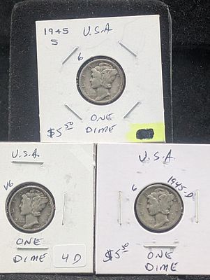 1945 P,D,S Silver Mercury Dimes Condition PLEASE NOTE Some coins may have a grade on the 