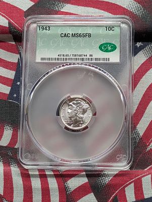 1943 Mercury Silver Dime - CAC Cert. MS65 FB Condition PLEASE NOTE Some coins may have a grade 