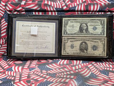 1934-D Series $5.00 & 1957 Series $1.00 Silver Certificates in Display Book w/ COA By World 
