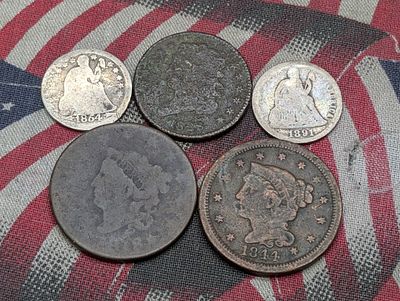 1891-O & 1854 w/Arrows Seated Liberty Dimes, 1828 Half Cent, 1818 & 1844 U.S. Large Cents. 1891-O 